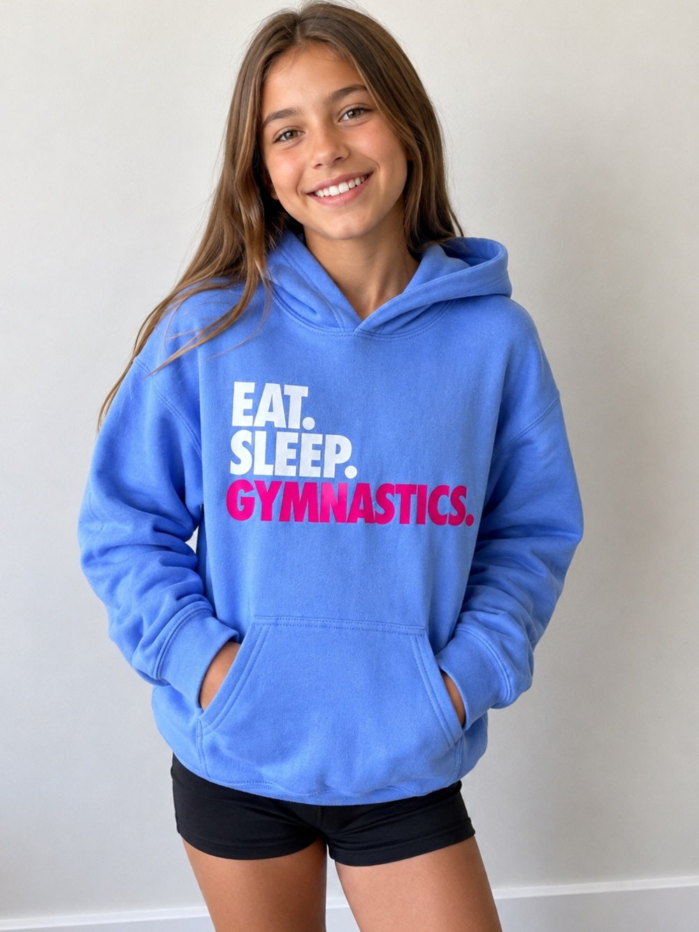 Gildan Blue Hoodie with Pink & White Gymnastics Text Youth Size Large